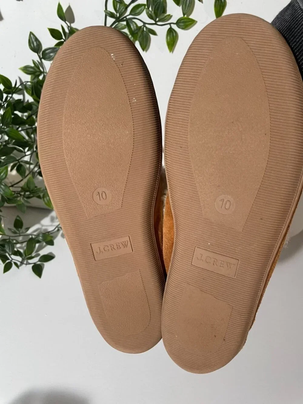 J.Crew Womens Faux Fur Lined Moccasin Slippers Size10 Suede Tan&Cream Rubber Sol
